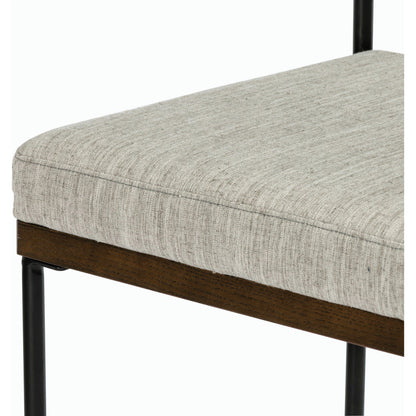 Benton Bar + Counter Stool by Four Hands in savile flannel and almond, midnight iron. Made from 92% polyester, 8% flax, linen, solid nettlewood, iron in a modern style.