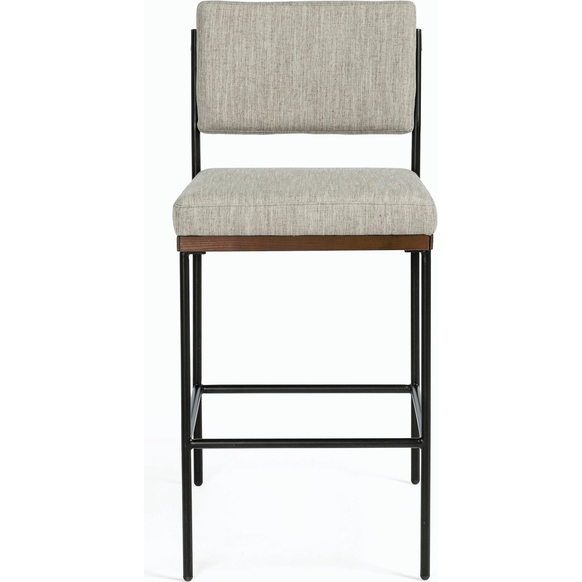 Benton Bar + Counter Stool by Four Hands in savile flannel and almond, midnight iron. Made from 92% polyester, 8% flax, linen, solid nettlewood, iron in a modern style.
