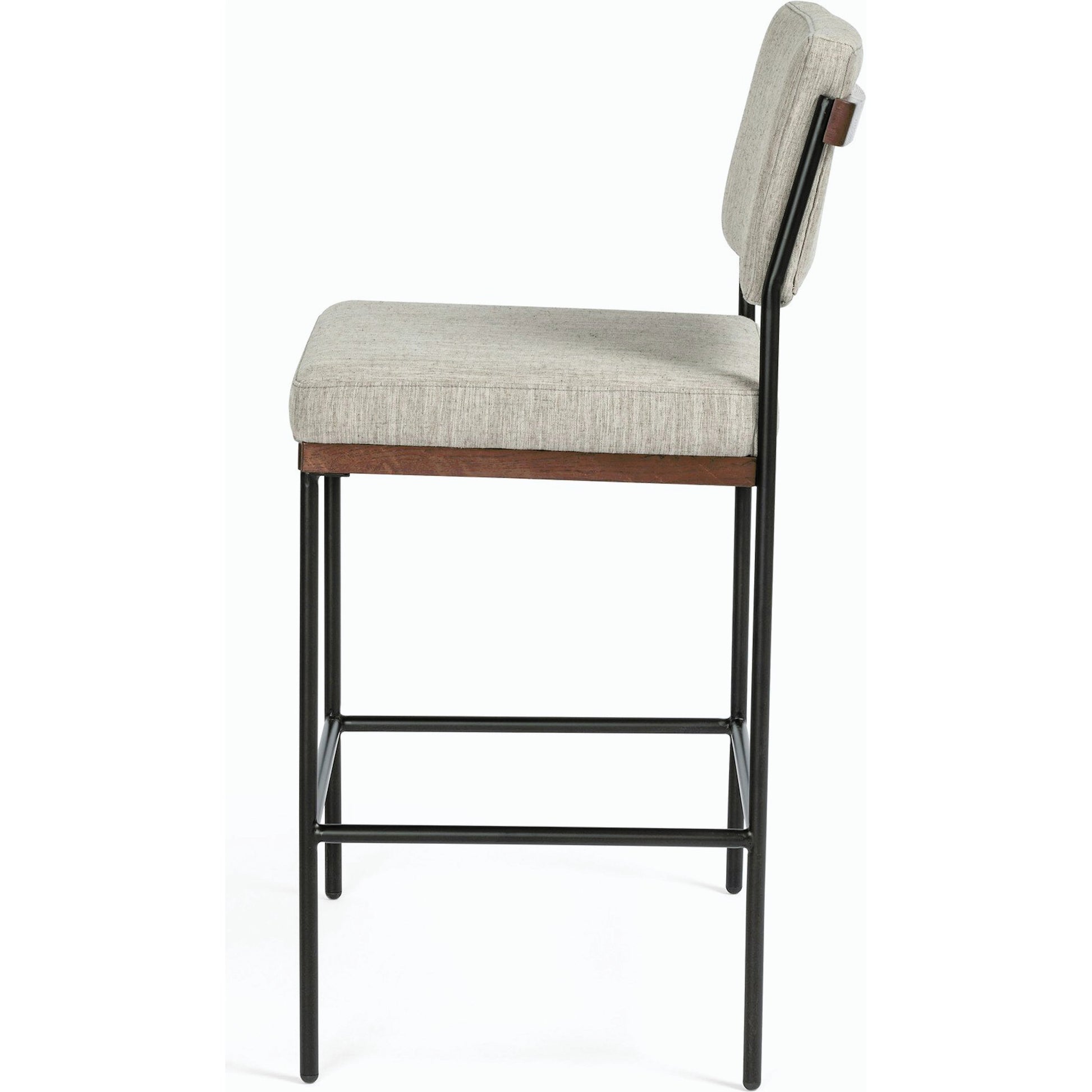 Benton Bar + Counter Stool by Four Hands in savile flannel and almond, midnight iron. Made from 92% polyester, 8% flax, linen, solid nettlewood, iron in a modern style.