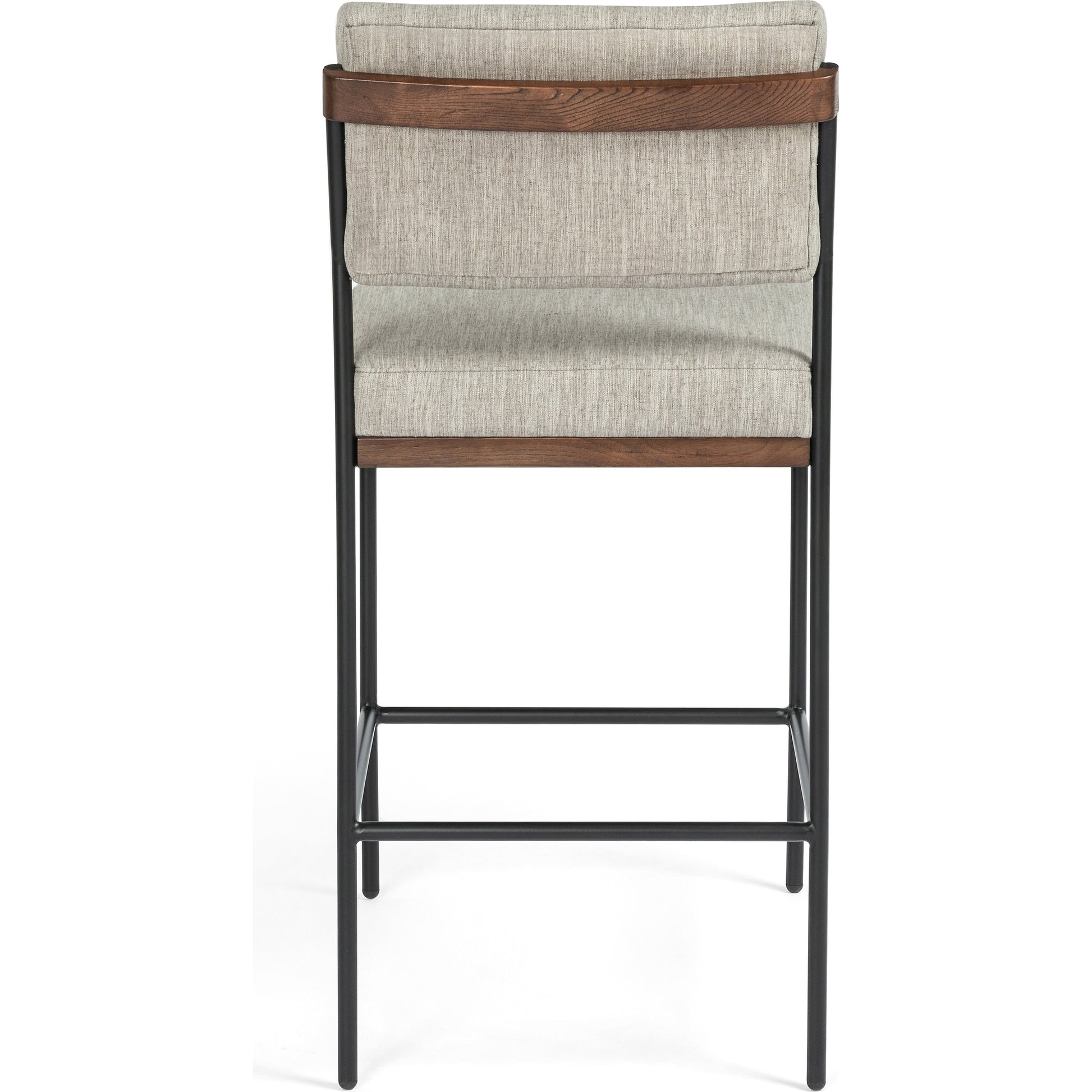 Benton Bar + Counter Stool by Four Hands in savile flannel and almond, midnight iron. Made from 92% polyester, 8% flax, linen, solid nettlewood, iron in a modern style.