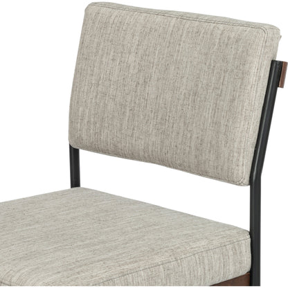 Benton Bar + Counter Stool by Four Hands in savile flannel and almond, midnight iron. Made from 92% polyester, 8% flax, linen, solid nettlewood, iron in a modern style.