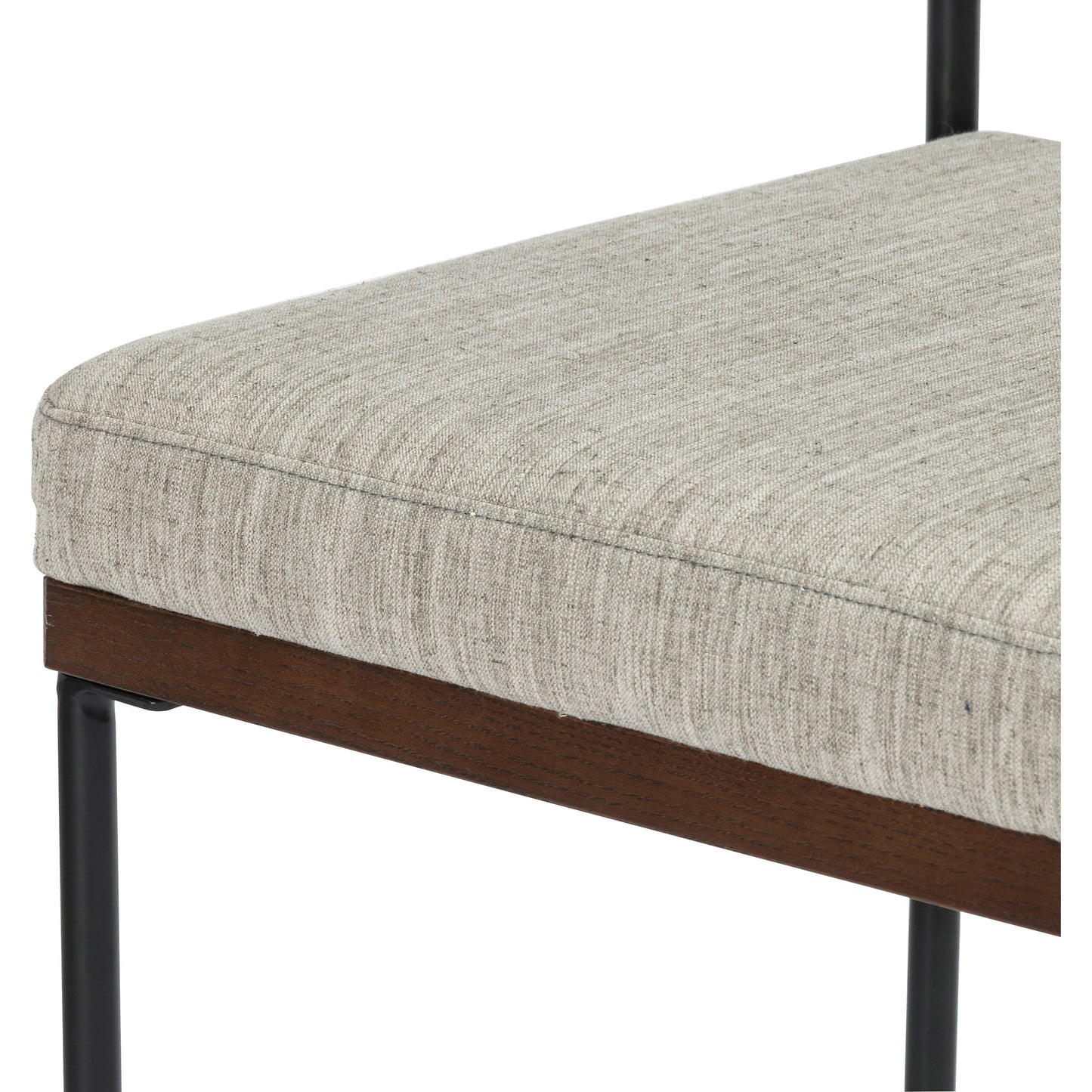 012 SI-1714429 | Closeup | Benton Bar + Counter Stool by Four Hands in savile flannel and almond, midnight iron. Made from 92% polyester, 8% flax, linen, solid nettlewood, iron in a modern style.