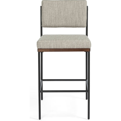 Benton Bar + Counter Stool by Four Hands in savile flannel and almond, midnight iron. Made from 92% polyester, 8% flax, linen, solid nettlewood, iron in a modern style.