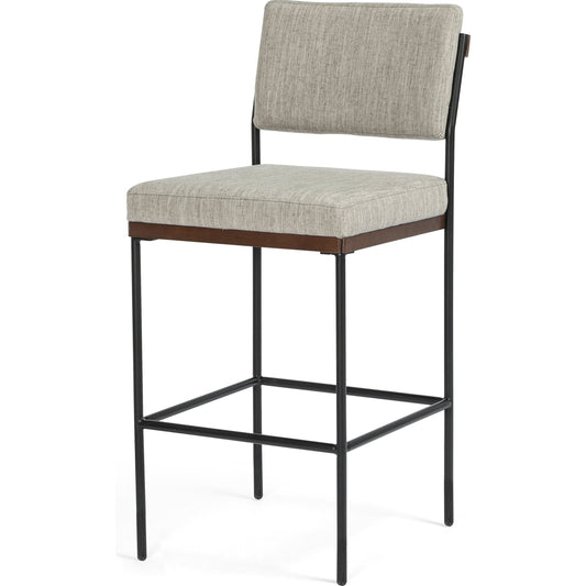 Benton Bar + Counter Stool by Four Hands in savile flannel and almond, midnight iron. Made from 92% polyester, 8% flax, linen, solid nettlewood, iron in a modern style.