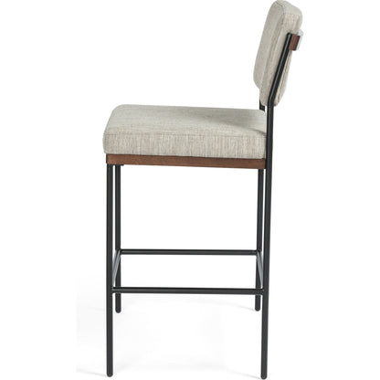 Benton Bar + Counter Stool by Four Hands in savile flannel and almond, midnight iron. Made from 92% polyester, 8% flax, linen, solid nettlewood, iron in a modern style.