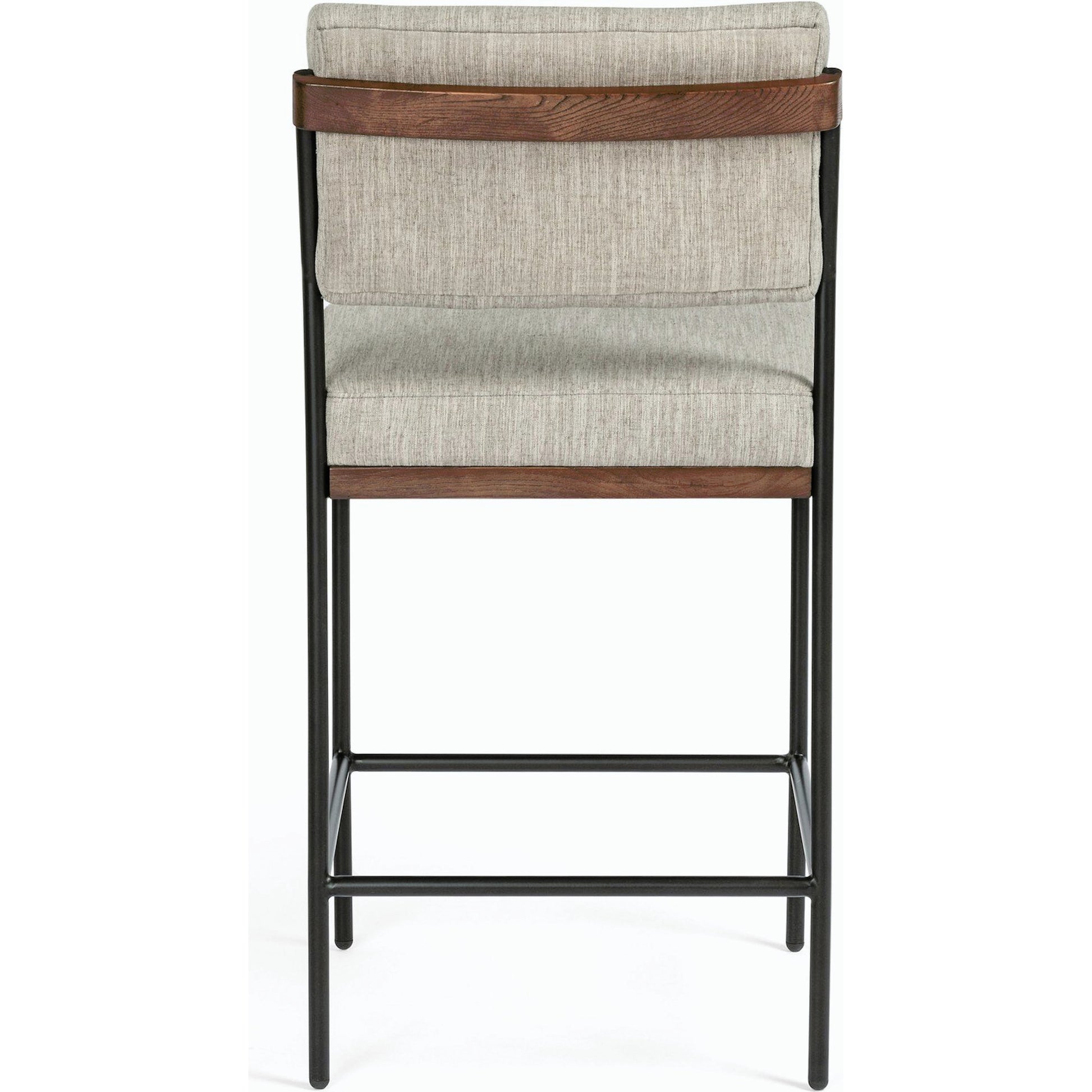 Benton Bar + Counter Stool by Four Hands in savile flannel and almond, midnight iron. Made from 92% polyester, 8% flax, linen, solid nettlewood, iron in a modern style.