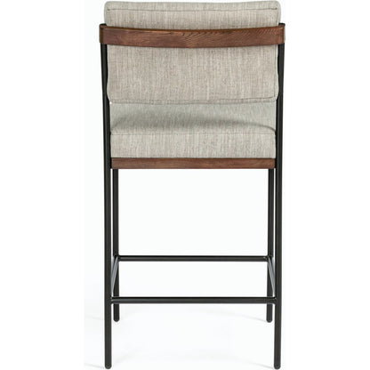 Benton Bar + Counter Stool by Four Hands in savile flannel and almond, midnight iron. Made from 92% polyester, 8% flax, linen, solid nettlewood, iron in a modern style.