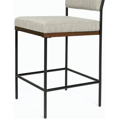 Benton Bar + Counter Stool by Four Hands in savile flannel and almond, midnight iron. Made from 92% polyester, 8% flax, linen, solid nettlewood, iron in a modern style.