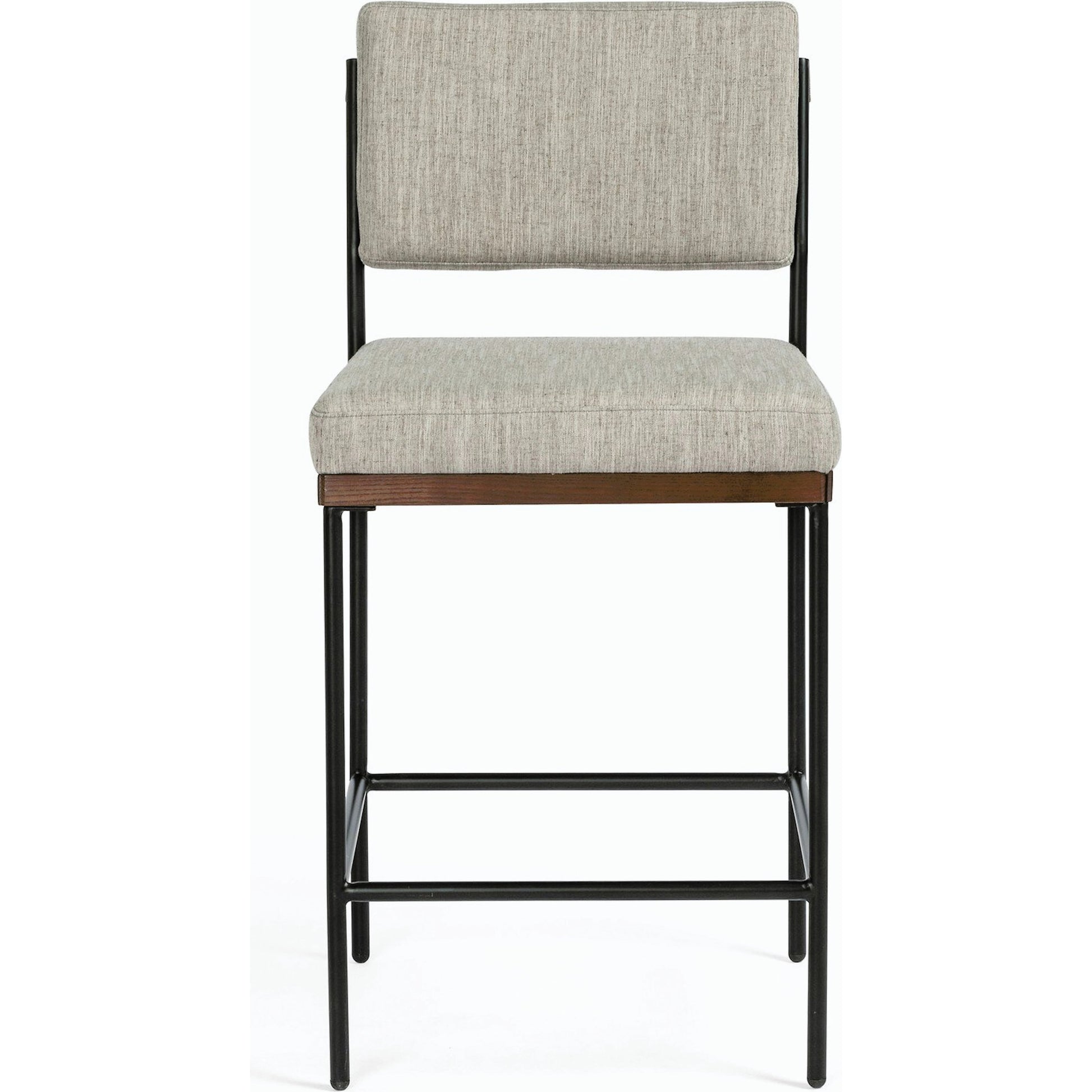 Benton Bar + Counter Stool by Four Hands in savile flannel and almond, midnight iron. Made from 92% polyester, 8% flax, linen, solid nettlewood, iron in a modern style.