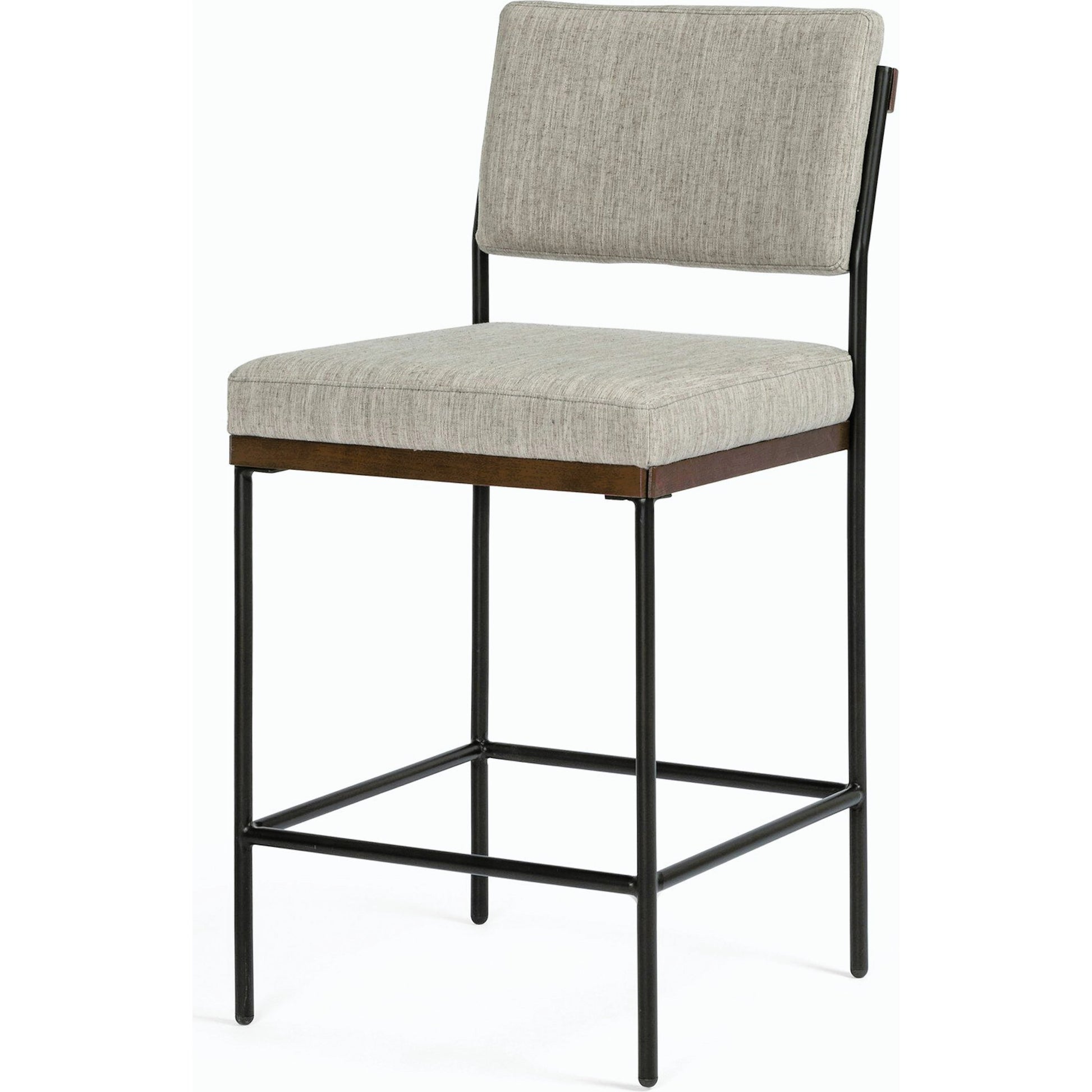 Benton Bar + Counter Stool by Four Hands in savile flannel and almond, midnight iron. Made from 92% polyester, 8% flax, linen, solid nettlewood, iron in a modern style.