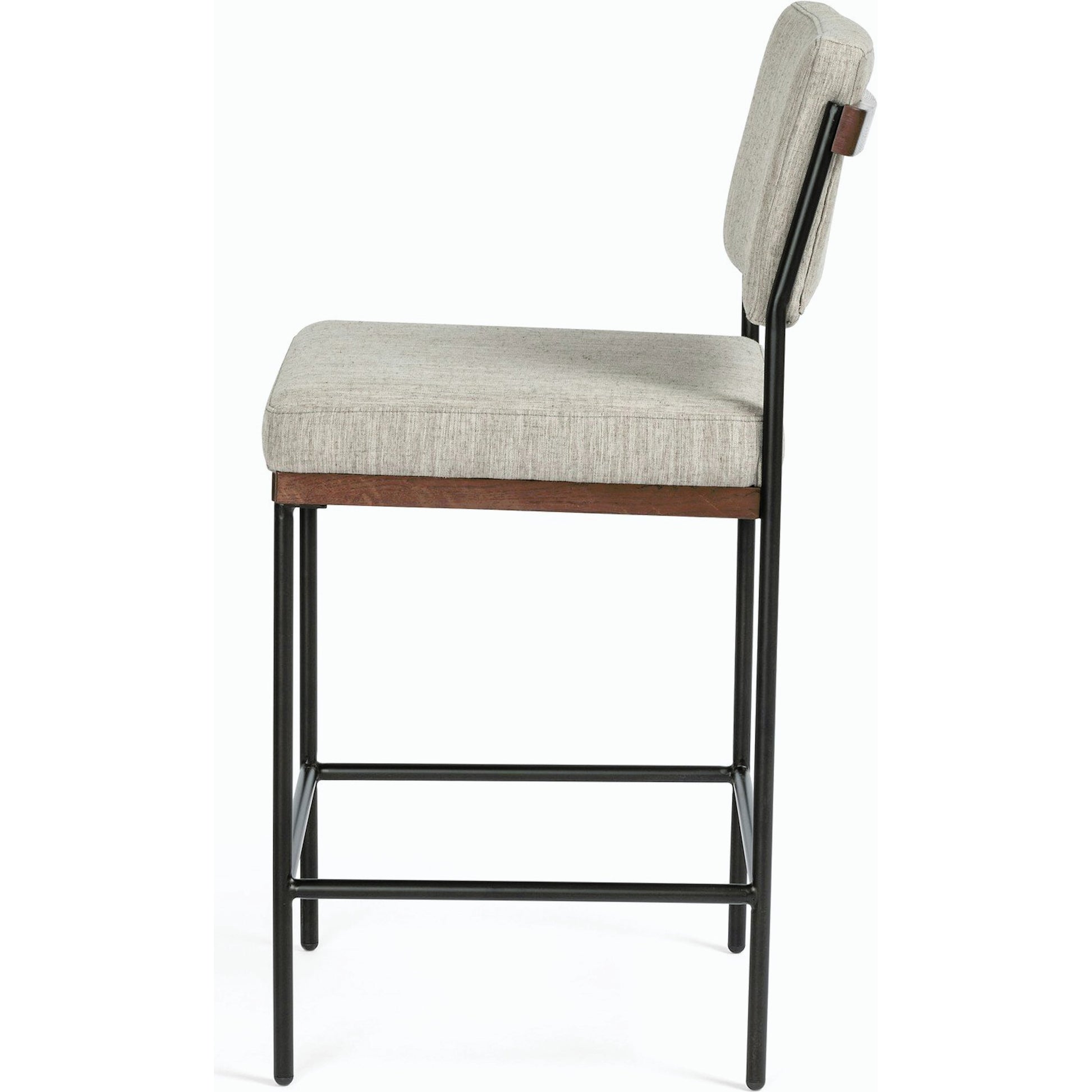 Benton Bar + Counter Stool by Four Hands in savile flannel and almond, midnight iron. Made from 92% polyester, 8% flax, linen, solid nettlewood, iron in a modern style.