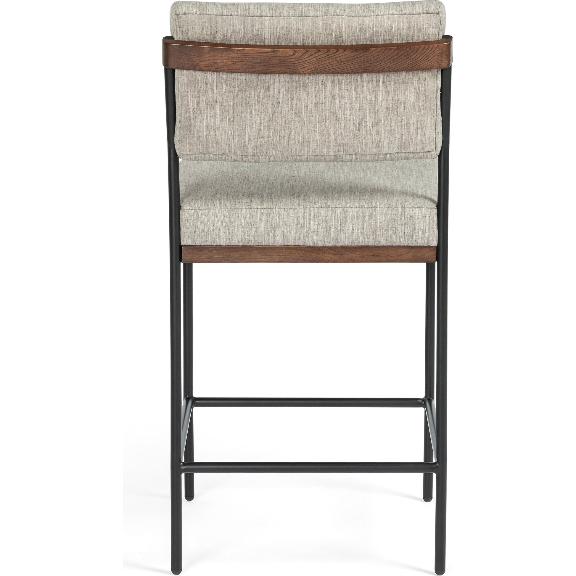 Benton Bar + Counter Stool by Four Hands in savile flannel and almond, midnight iron. Made from 92% polyester, 8% flax, linen, solid nettlewood, iron in a modern style.