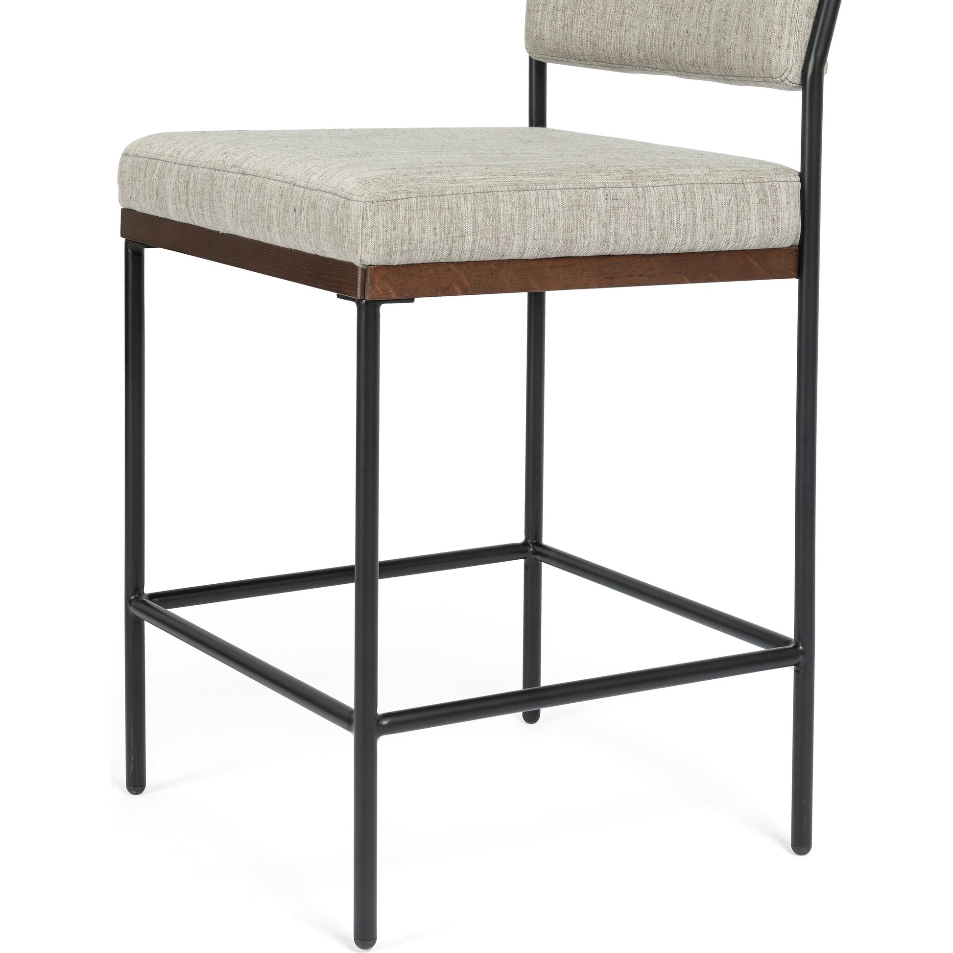 Benton Bar + Counter Stool by Four Hands in savile flannel and almond, midnight iron. Made from 92% polyester, 8% flax, linen, solid nettlewood, iron in a modern style.