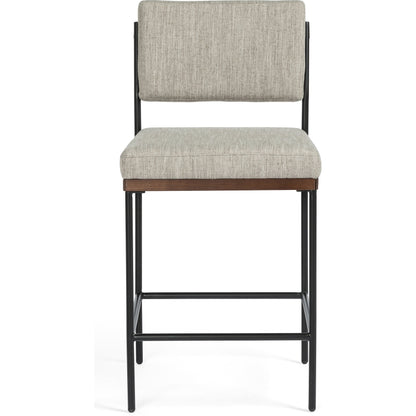 Benton Bar + Counter Stool by Four Hands in savile flannel and almond, midnight iron. Made from 92% polyester, 8% flax, linen, solid nettlewood, iron in a modern style.