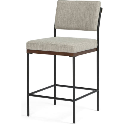 Benton Bar + Counter Stool by Four Hands in savile flannel and almond, midnight iron. Made from 92% polyester, 8% flax, linen, solid nettlewood, iron in a modern style.