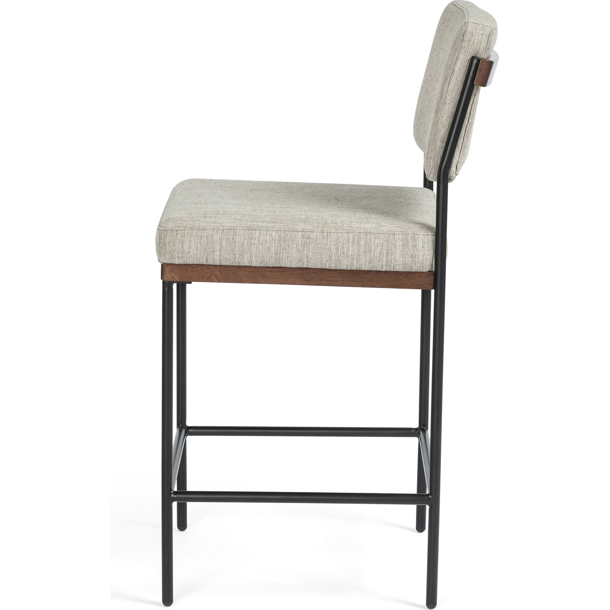Benton Bar + Counter Stool by Four Hands in savile flannel and almond, midnight iron. Made from 92% polyester, 8% flax, linen, solid nettlewood, iron in a modern style.