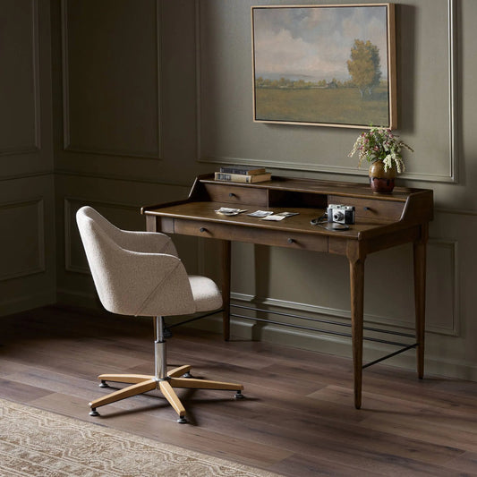Moreau Writing Desk by Four Hands in dark toasted oak. Made from solid oak, iron in a rustic style.