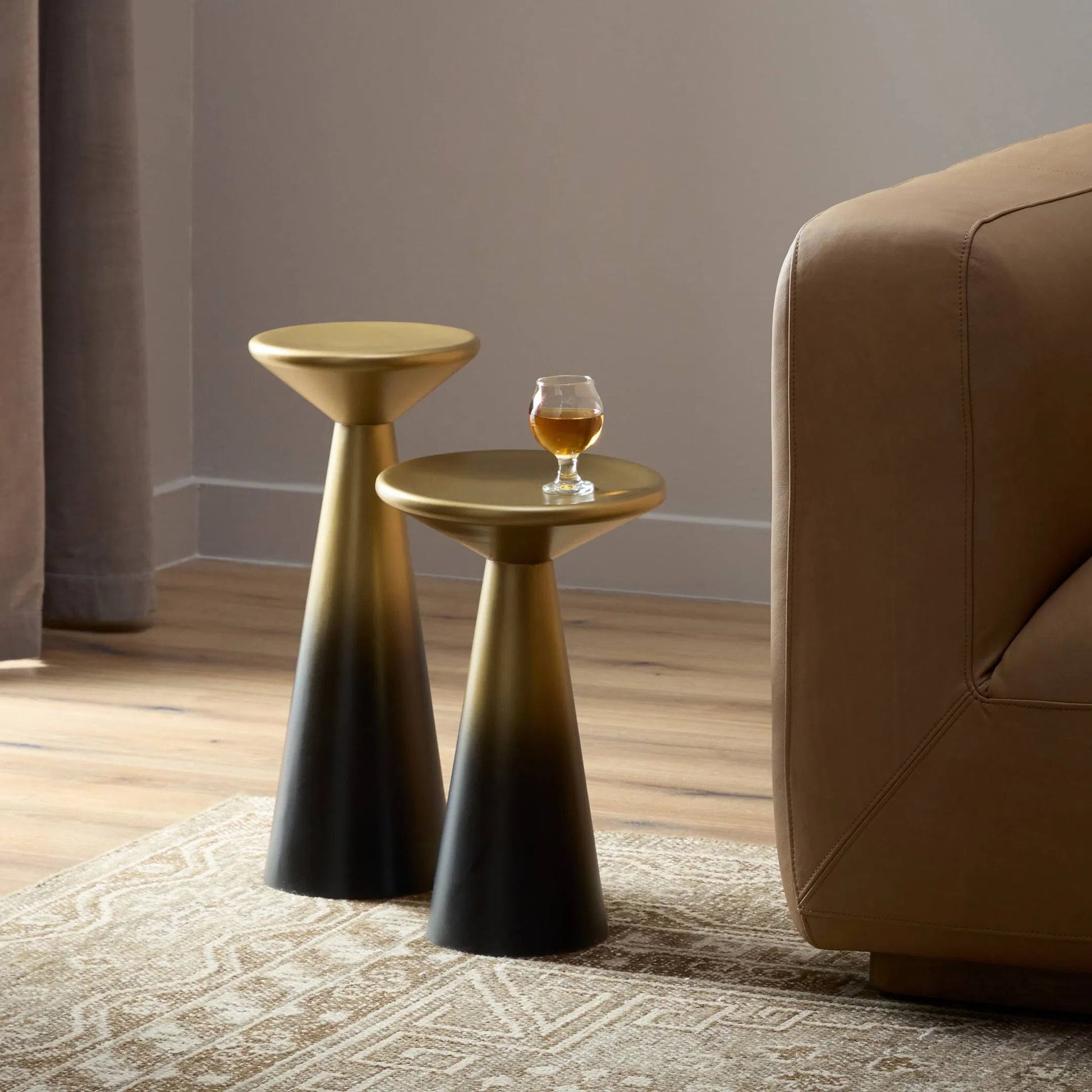Cameron Accent Tables (Set of 2) by Four Hands in ombre antique brass. Made from iron, engineered hardwood in a eclectic & global style.