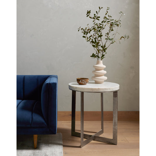 Lennie Round Nightstand by Four Hands in brushed nickel. Made from aluminum, solid marble in a modern style.