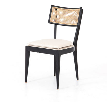 Britt Dining Chair by Four Hands in natural cane, savile flax, brushed ebony. Made from 92% polyester, 8% flax, linen, solid nettlewood, cane in a modern style.