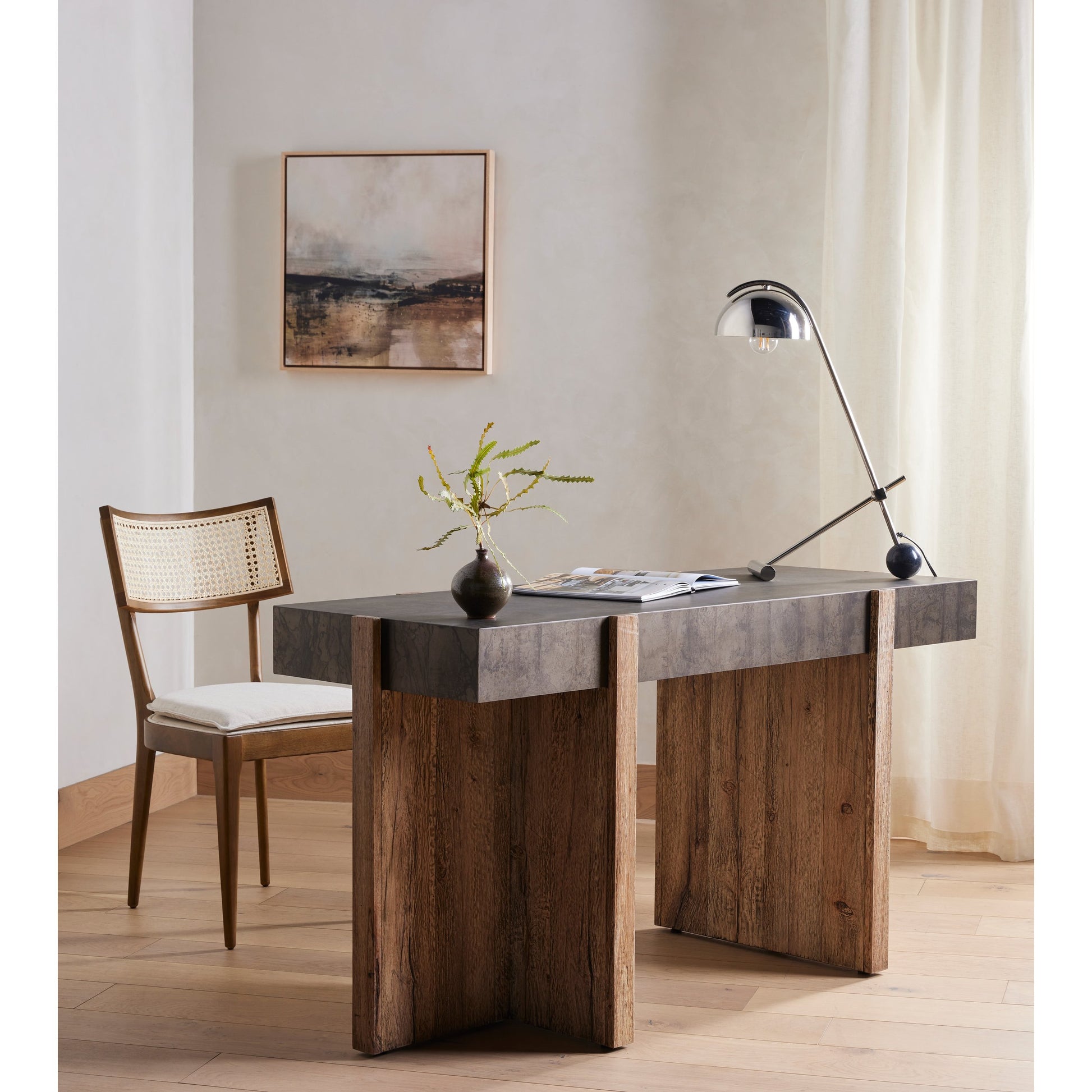 Britt Dining Chair by Four Hands in natural cane, savile flax, brushed ebony. Made from 92% polyester, 8% flax, linen, solid nettlewood, cane in a modern style.