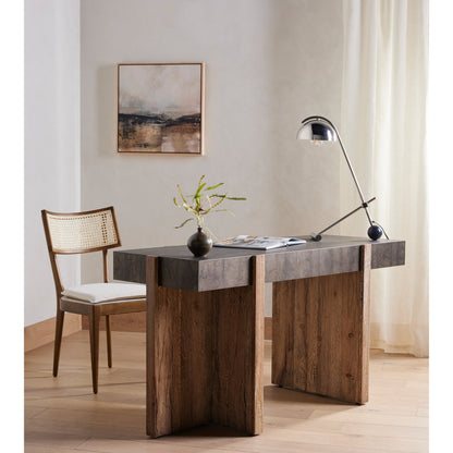 Britt Dining Chair by Four Hands in natural cane, savile flax, brushed ebony. Made from 92% polyester, 8% flax, linen, solid nettlewood, cane in a modern style.