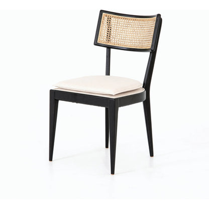 Britt Dining Chair by Four Hands in natural cane, savile flax, brushed ebony. Made from 92% polyester, 8% flax, linen, solid nettlewood, cane in a modern style.