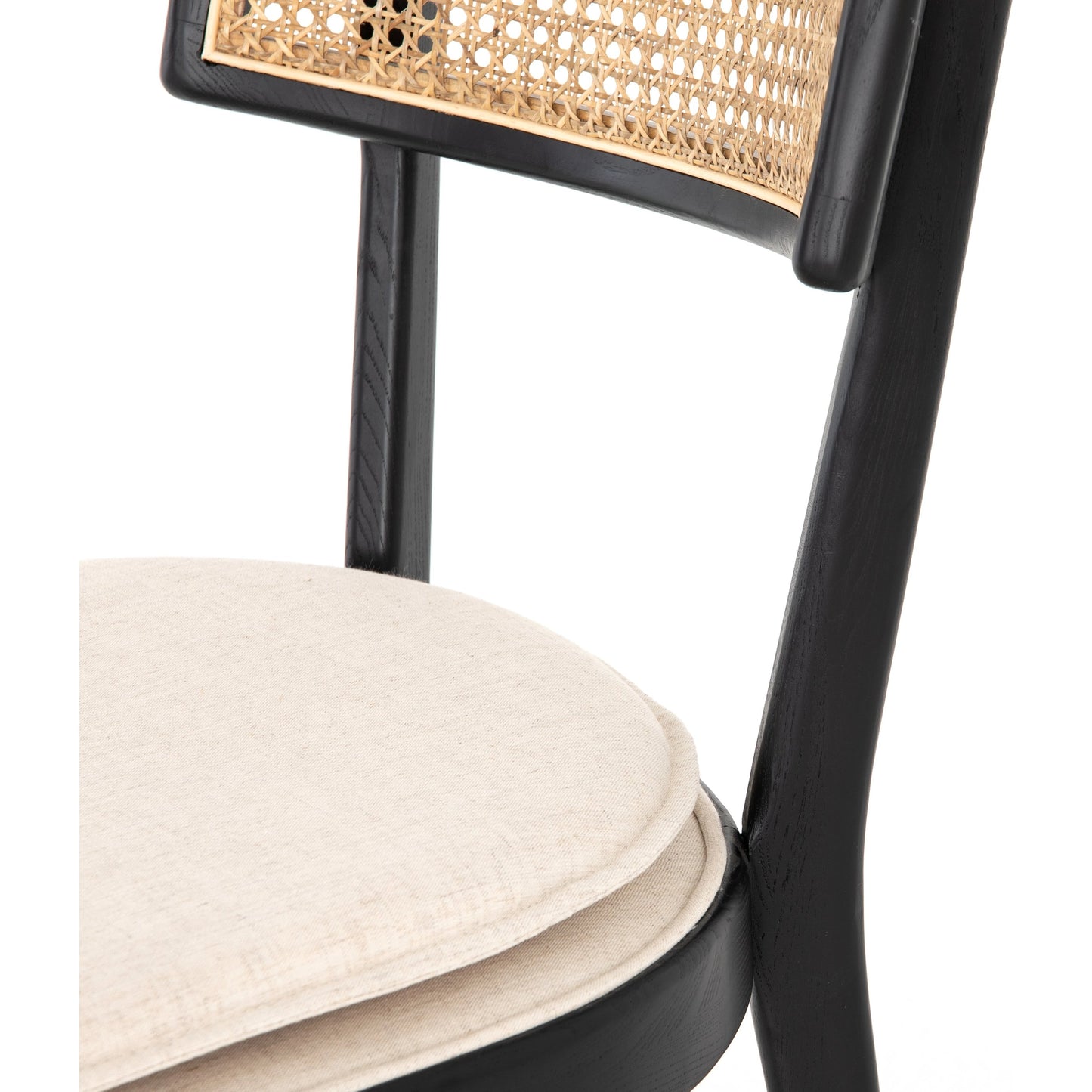 007 SI-2001032 | Closeup | Britt Dining Chair by Four Hands in natural cane, savile flax, brushed ebony. Made from 92% polyester, 8% flax, linen, solid nettlewood, cane in a modern style.