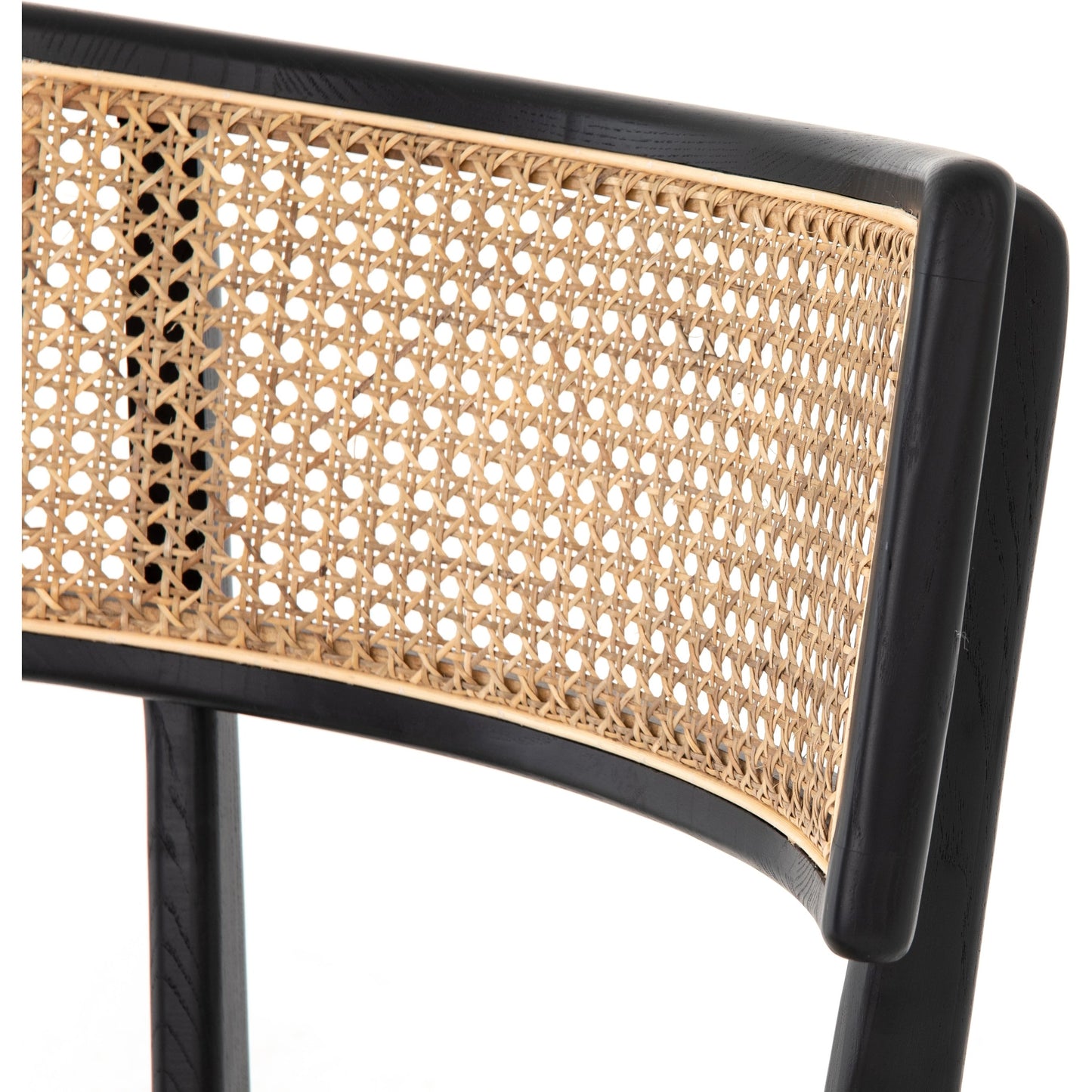 008 SI-2001032 | Closeup | Britt Dining Chair by Four Hands in natural cane, savile flax, brushed ebony. Made from 92% polyester, 8% flax, linen, solid nettlewood, cane in a modern style.