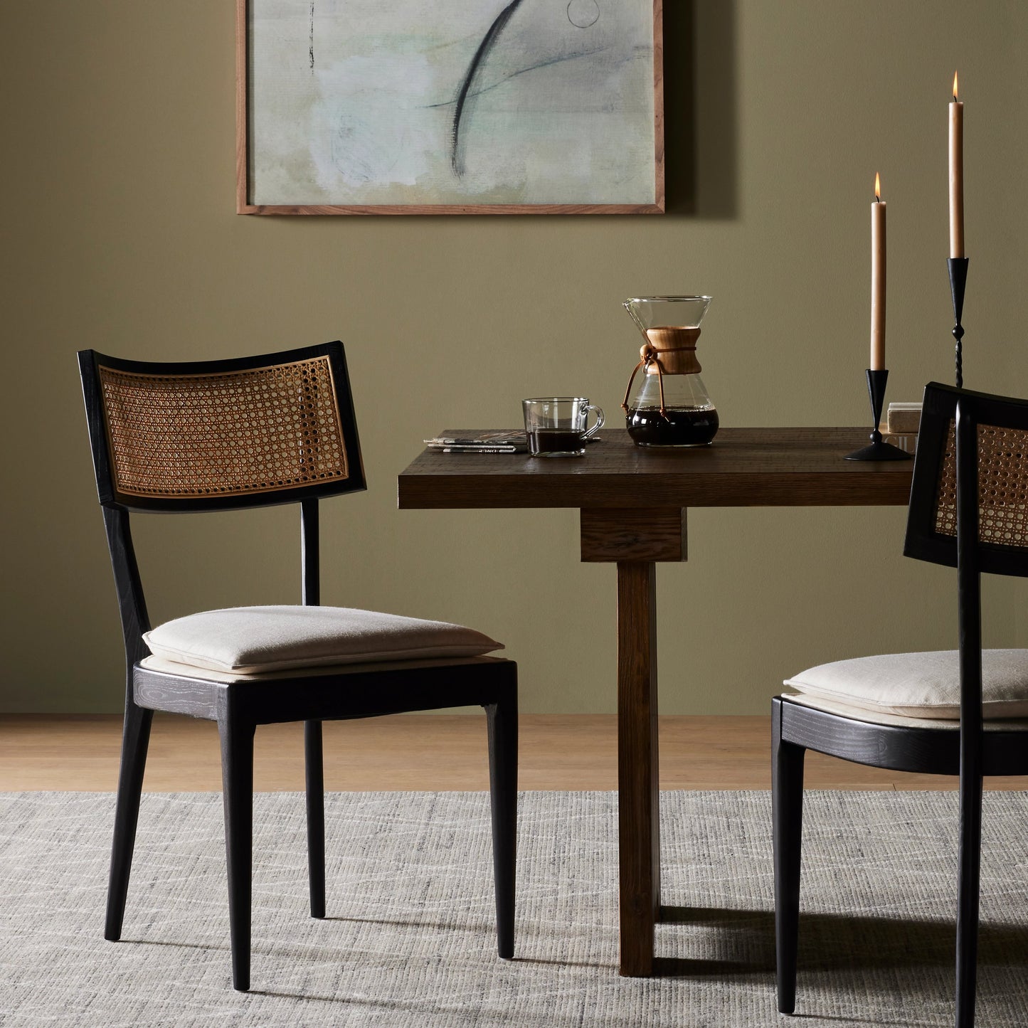 012 SI-2001032 | Lifestyle | Britt Dining Chair by Four Hands in natural cane, savile flax, brushed ebony. Made from 92% polyester, 8% flax, linen, solid nettlewood, cane in a modern style.