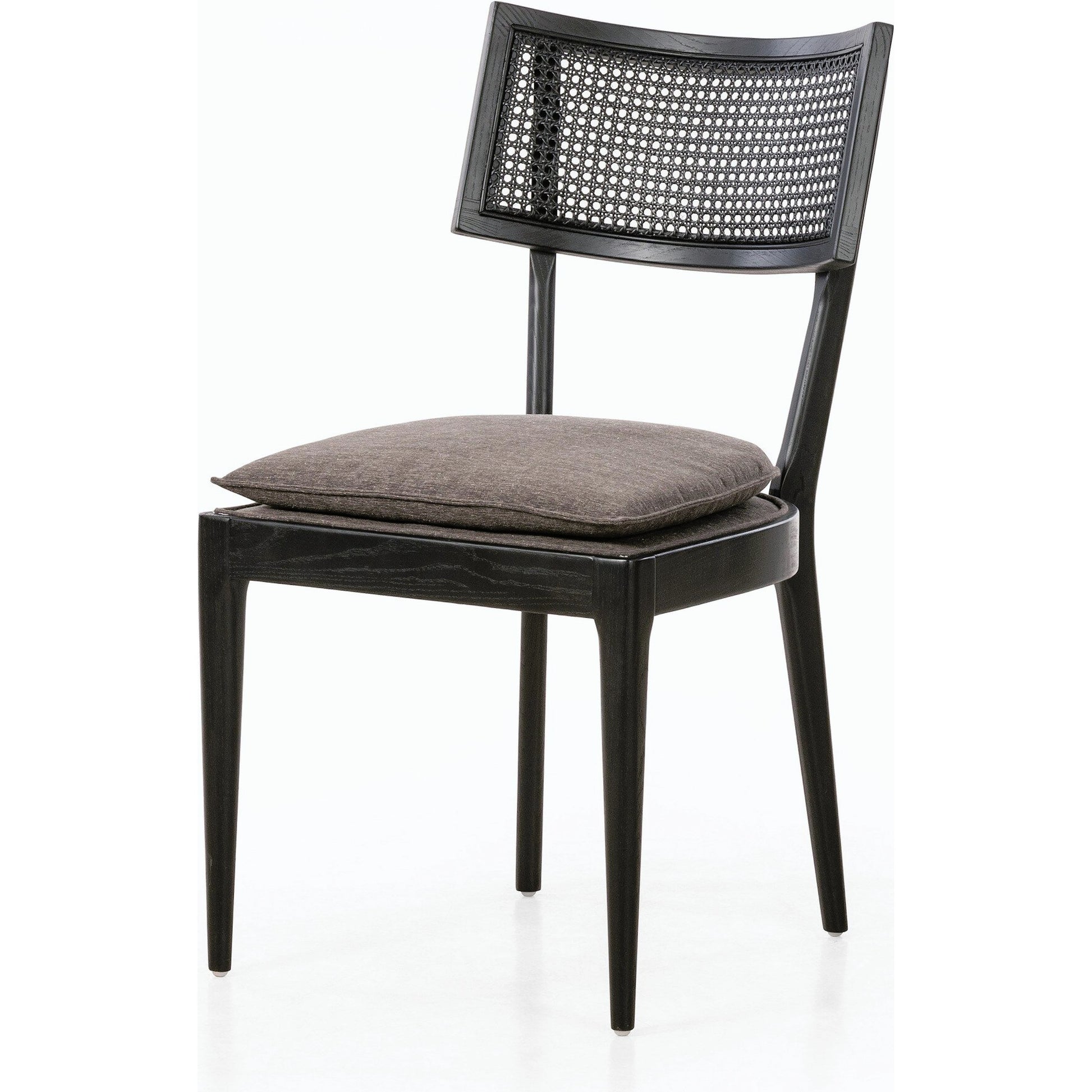 Britt Dining Chair by Four Hands in natural cane, savile flax, brushed ebony. Made from 92% polyester, 8% flax, linen, solid nettlewood, cane in a modern style.