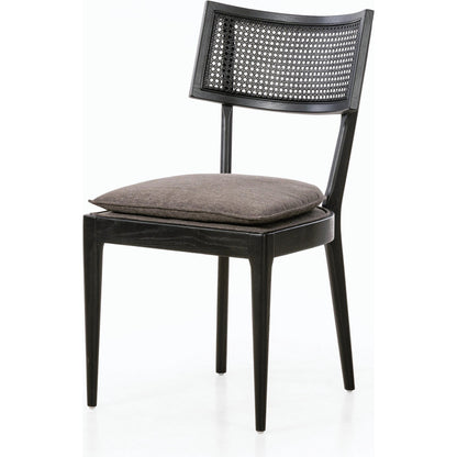 Britt Dining Chair by Four Hands in natural cane, savile flax, brushed ebony. Made from 92% polyester, 8% flax, linen, solid nettlewood, cane in a modern style.