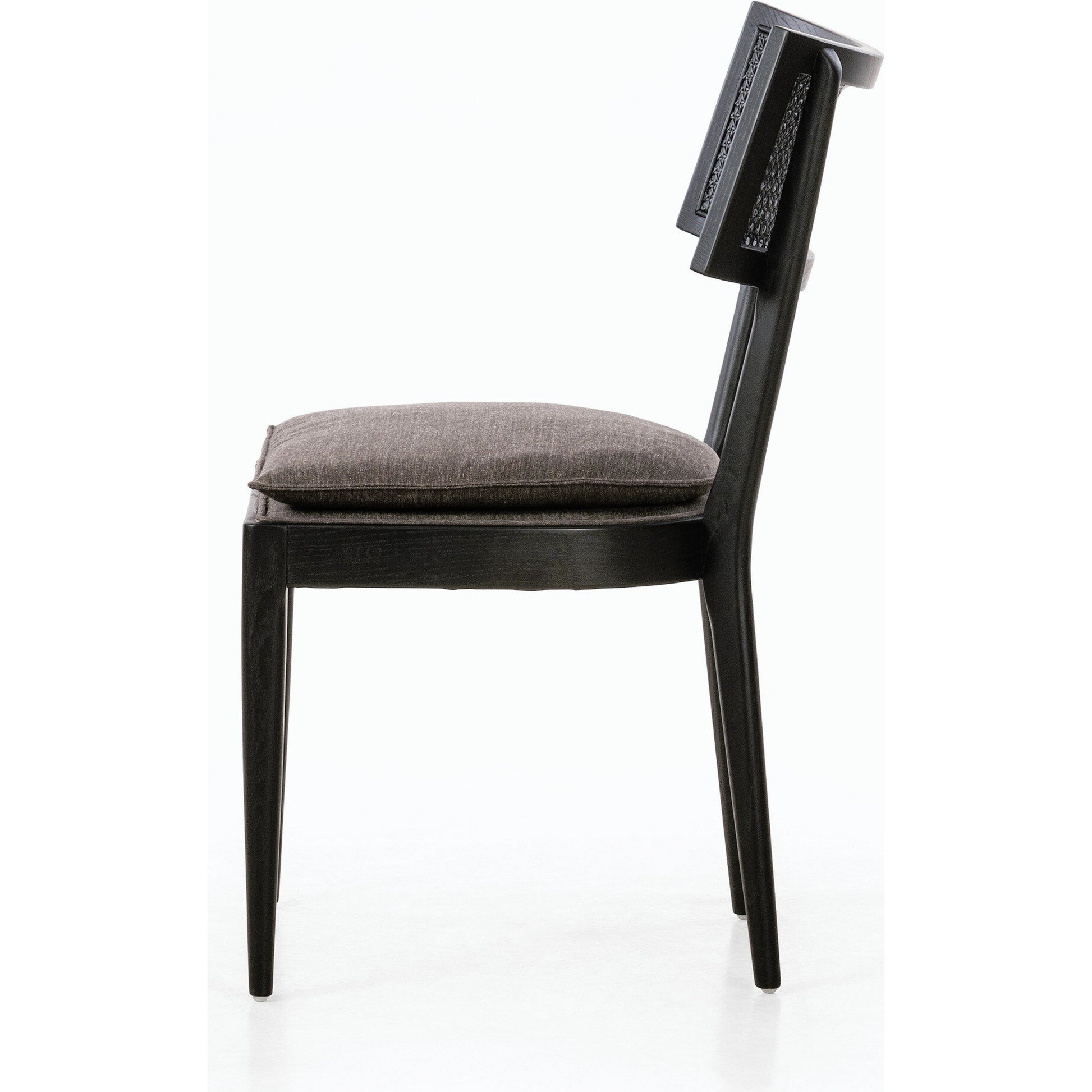 Britt Dining Chair by Four Hands in natural cane, savile flax, brushed ebony. Made from 92% polyester, 8% flax, linen, solid nettlewood, cane in a modern style.