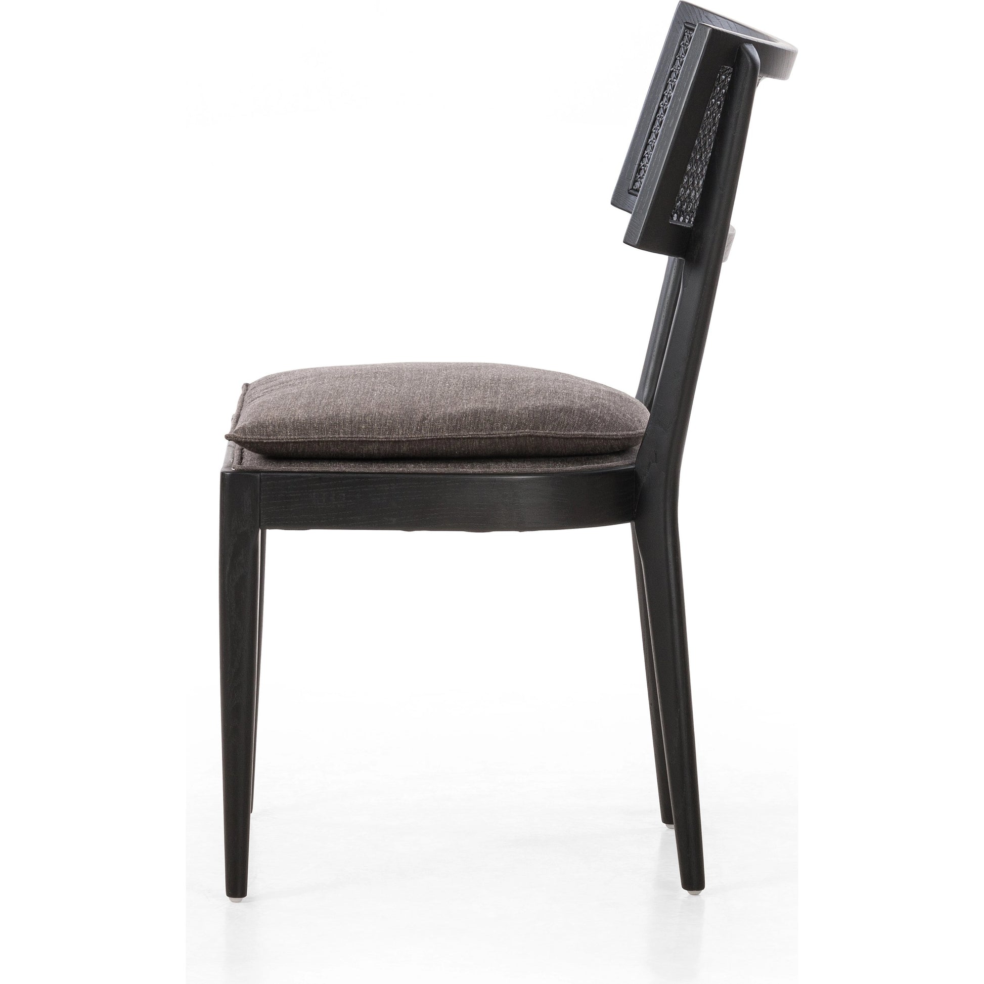 Britt Dining Chair by Four Hands in natural cane, savile flax, brushed ebony. Made from 92% polyester, 8% flax, linen, solid nettlewood, cane in a modern style.