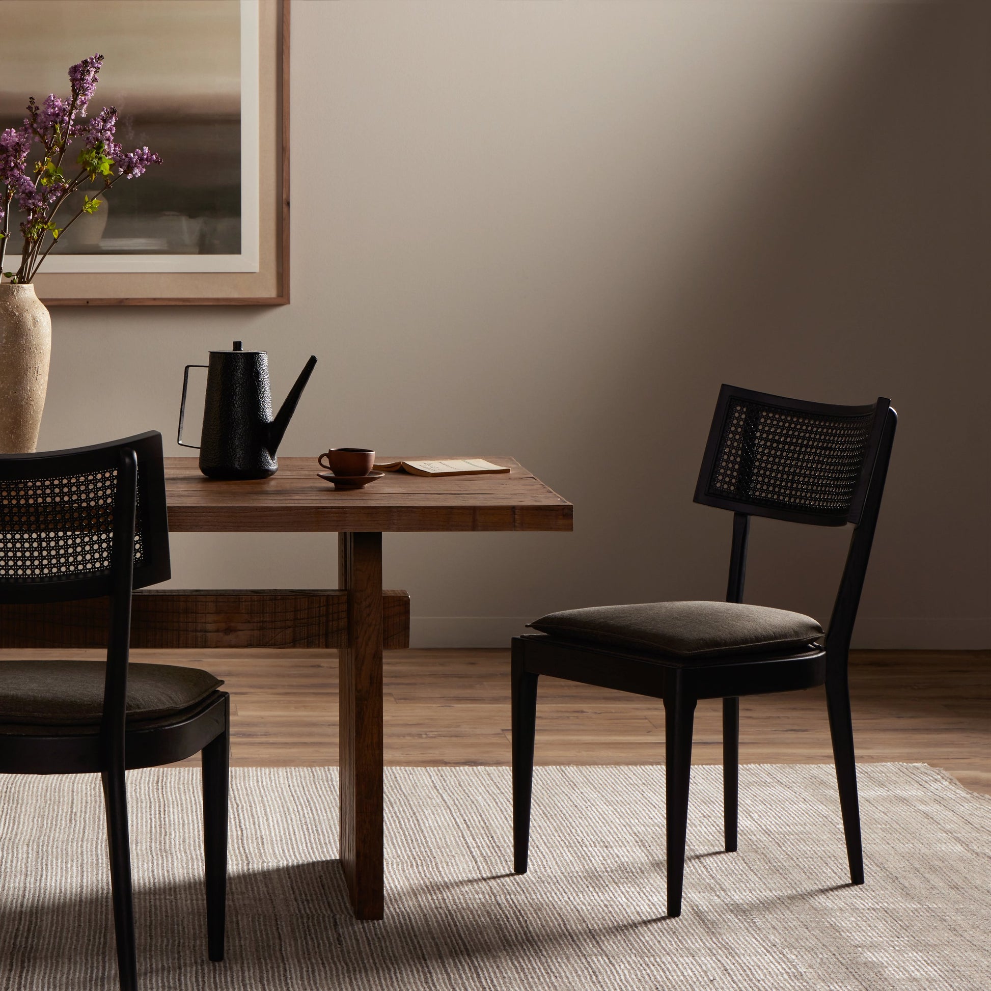 Britt Dining Chair by Four Hands in natural cane, savile flax, brushed ebony. Made from 92% polyester, 8% flax, linen, solid nettlewood, cane in a modern style.