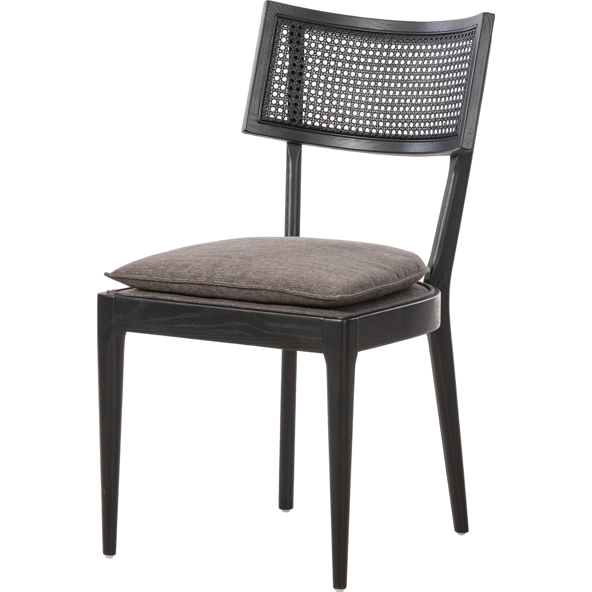 Britt Dining Chair by Four Hands in natural cane, savile flax, brushed ebony. Made from 92% polyester, 8% flax, linen, solid nettlewood, cane in a modern style.