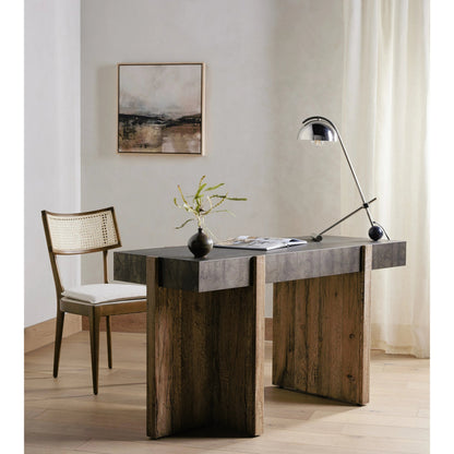 Britt Dining Chair by Four Hands in natural cane, savile flax, brushed ebony. Made from 92% polyester, 8% flax, linen, solid nettlewood, cane in a modern style.