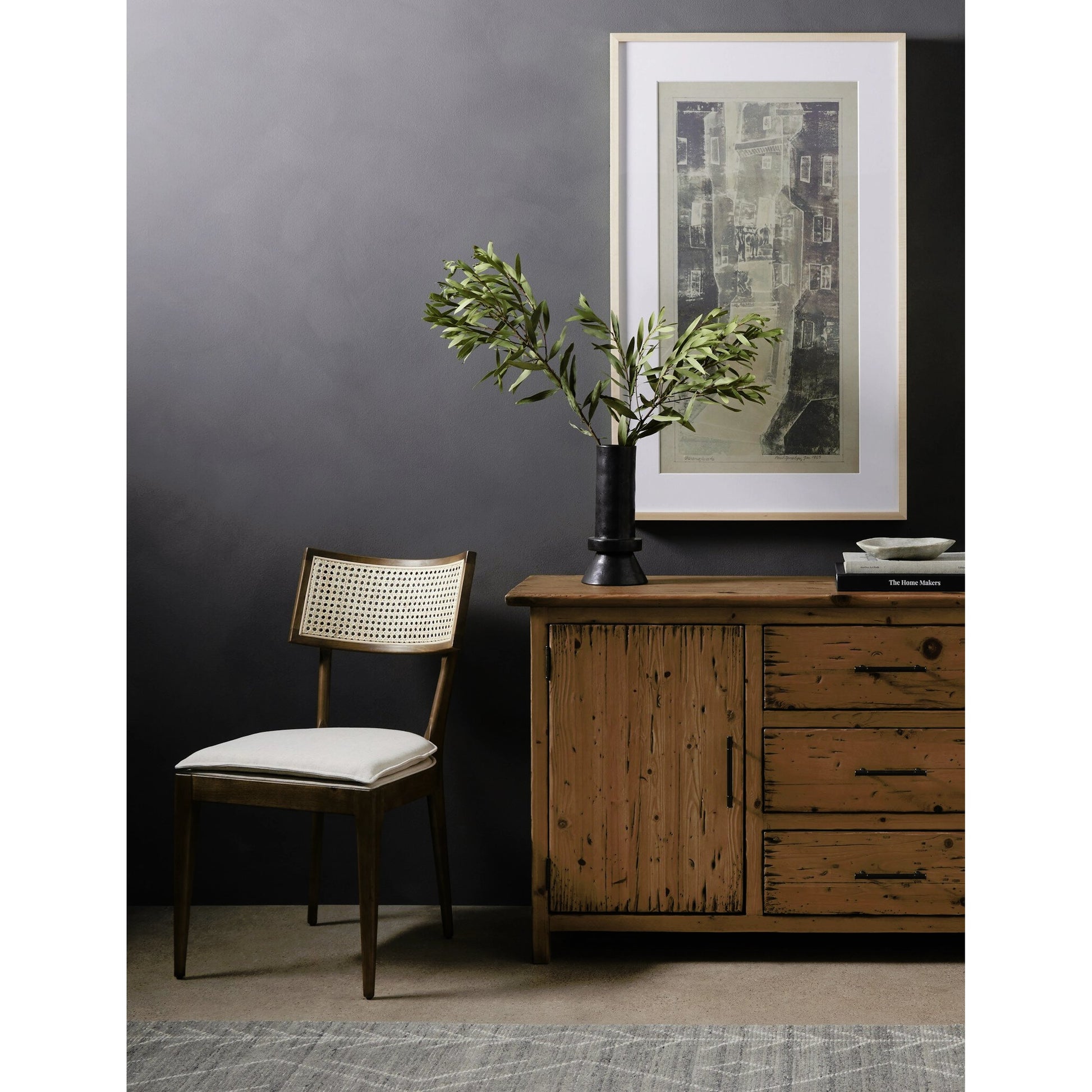 Britt Dining Chair by Four Hands in natural cane, savile flax, brushed ebony. Made from 92% polyester, 8% flax, linen, solid nettlewood, cane in a modern style.