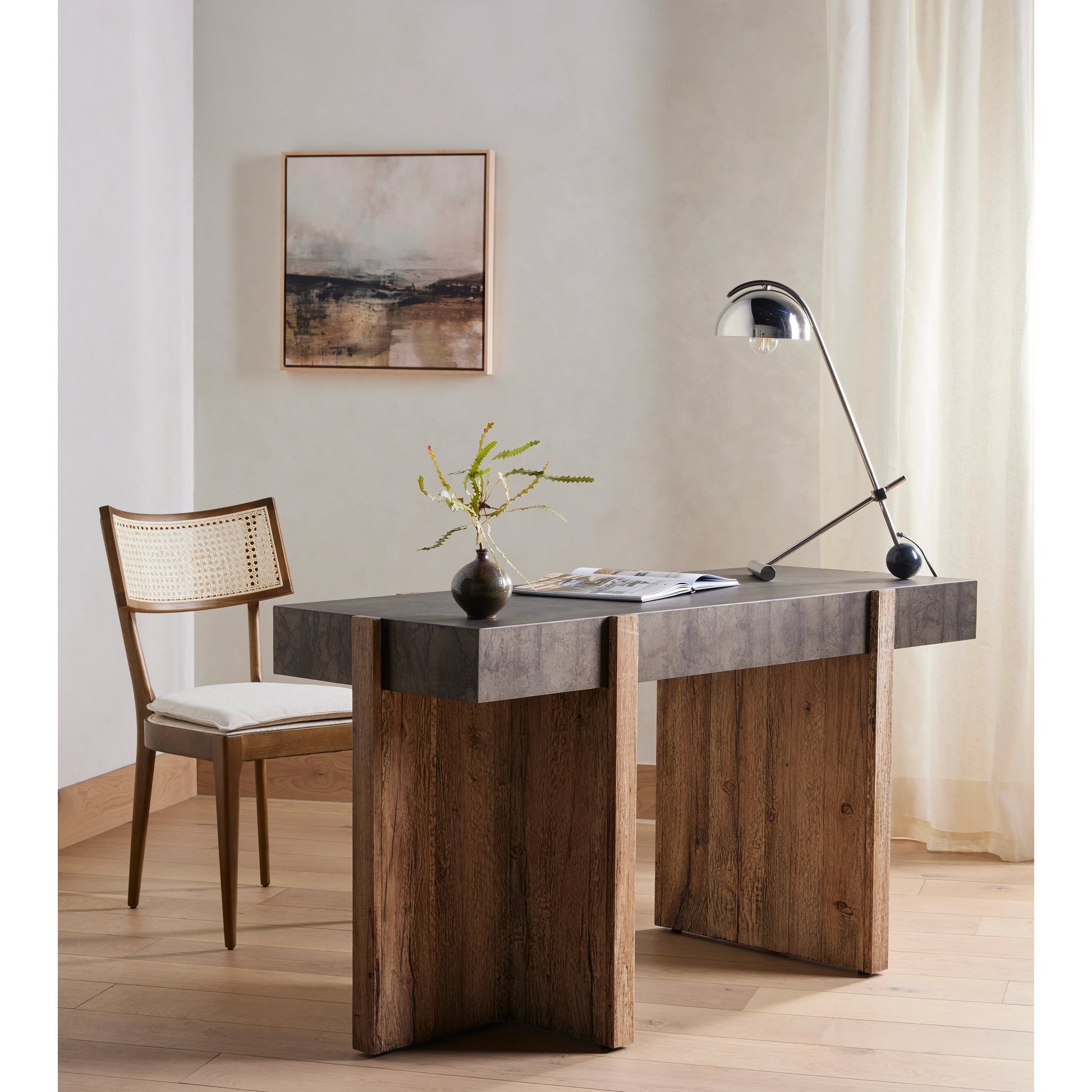 Britt Dining Chair by Four Hands in natural cane, savile flax, brushed ebony. Made from 92% polyester, 8% flax, linen, solid nettlewood, cane in a modern style.