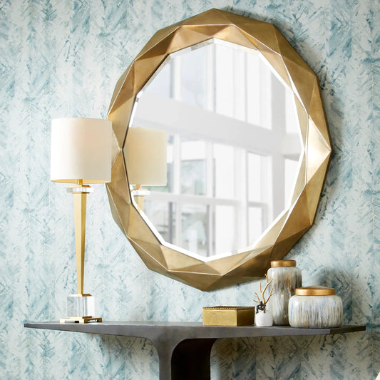 Statuette Table Lamp by Cyan Design in brass. Made from crystal, iron with off white lines shade in a transitional style.