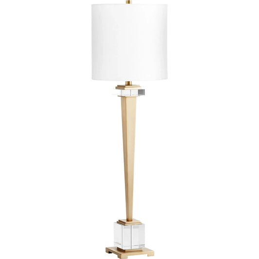 Statuette Table Lamp by Cyan Design in brass. Made from crystal, iron with off white lines shade in a transitional style.