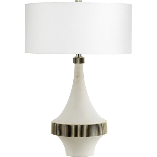 Saratoga Table Lamp by Cyan Design in white. Made from stone composite with white linen shade in a eclectic & global style.