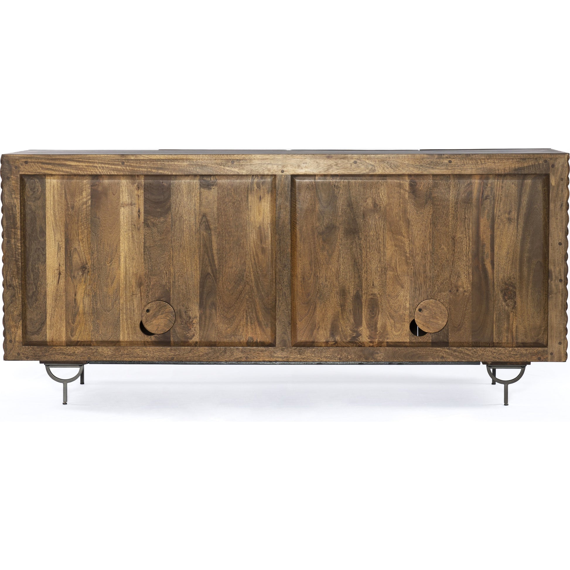 Rio Sideboard by Four Hands in round cut white wash, antique brass, white wash mango. Made from solid mango, iron in a eclectic & global style.