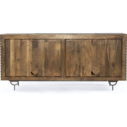 Rio Sideboard by Four Hands in round cut white wash, antique brass, white wash mango. Made from solid mango, iron in a eclectic & global style.