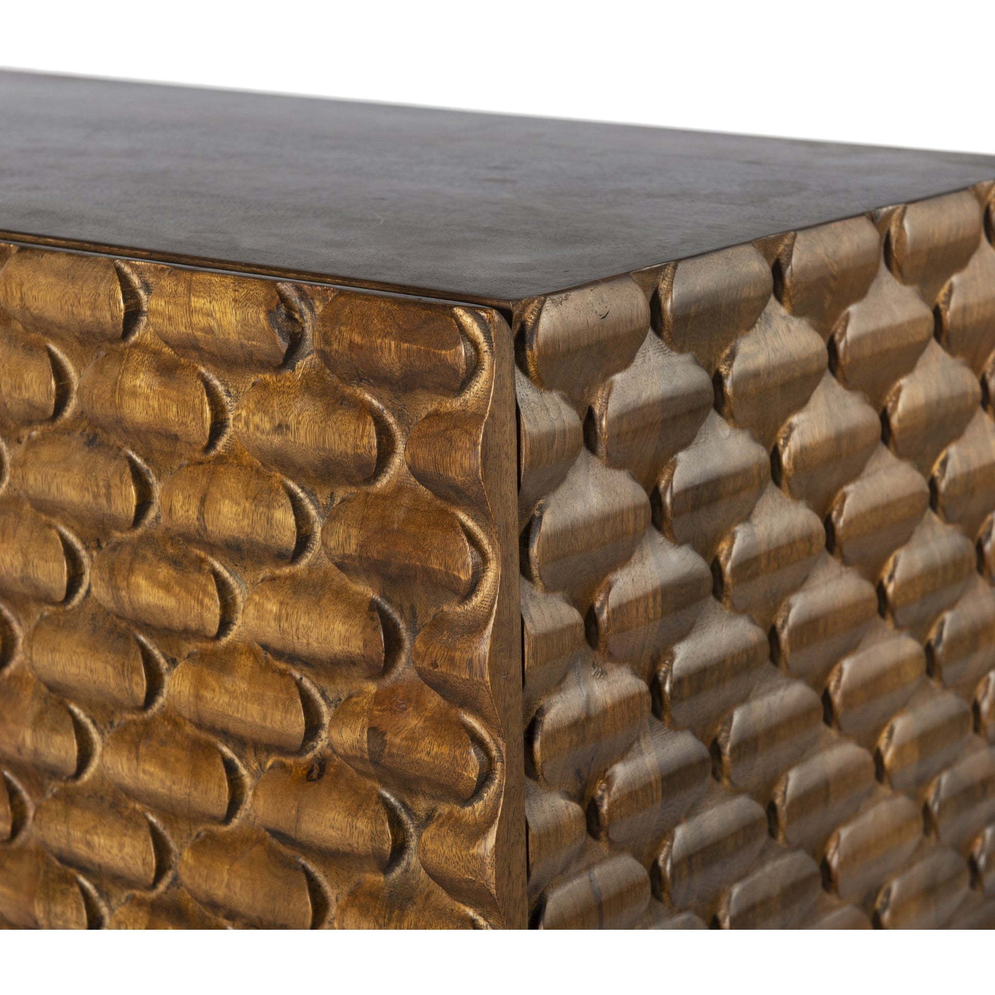 Rio Sideboard by Four Hands in round cut white wash, antique brass, white wash mango. Made from solid mango, iron in a eclectic & global style.