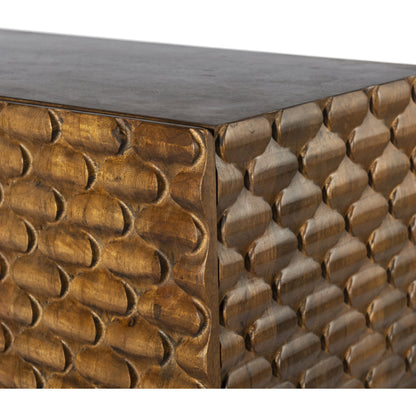 Rio Sideboard by Four Hands in round cut white wash, antique brass, white wash mango. Made from solid mango, iron in a eclectic & global style.