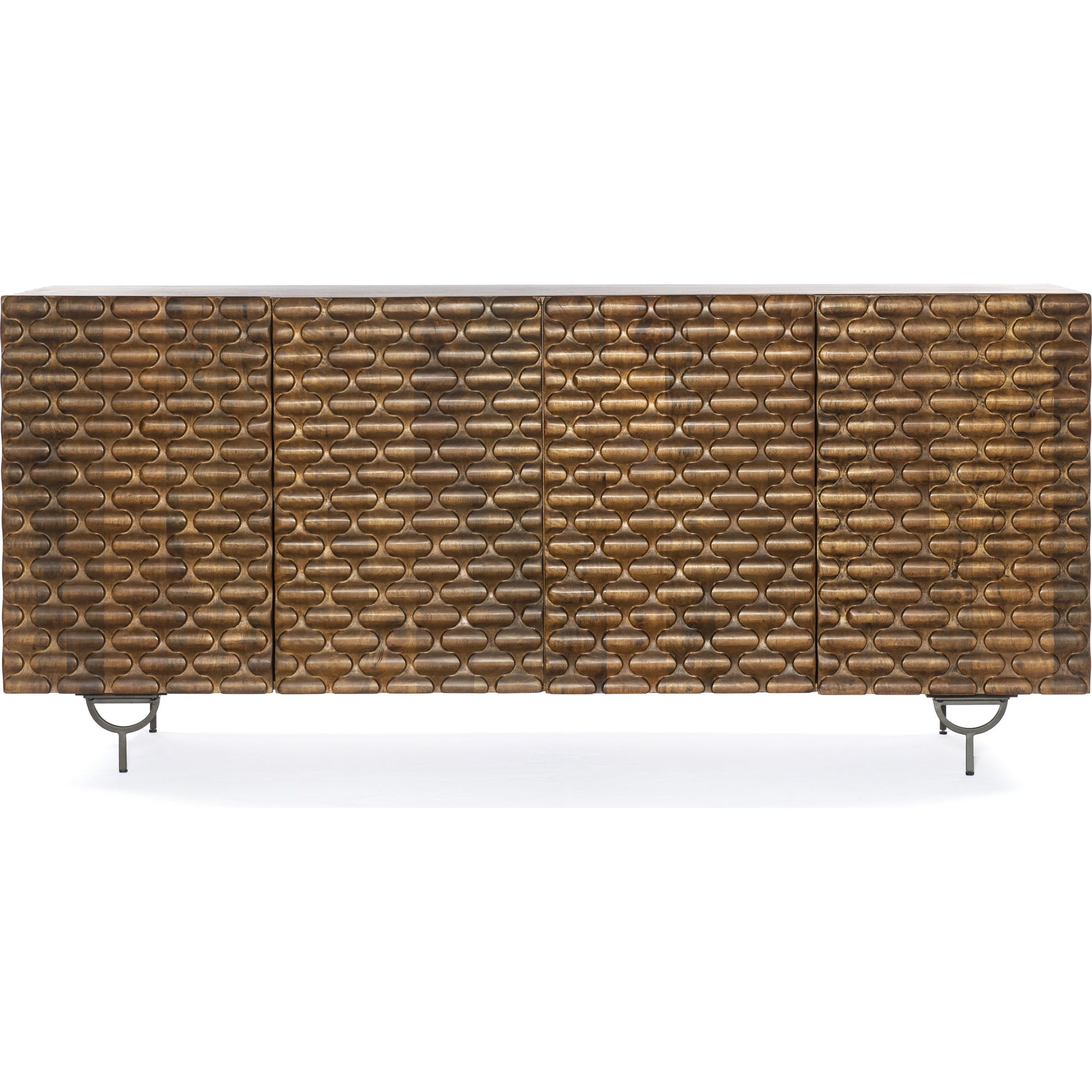 Rio Sideboard by Four Hands in round cut white wash, antique brass, white wash mango. Made from solid mango, iron in a eclectic & global style.