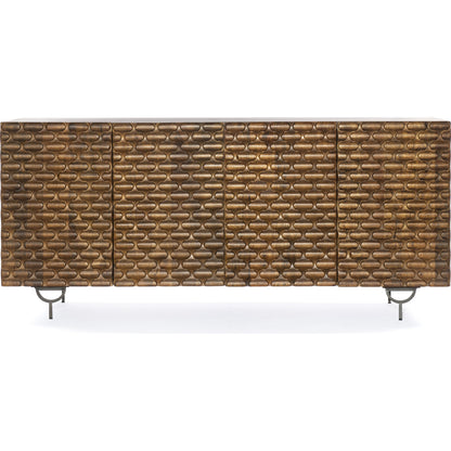 Rio Sideboard by Four Hands in round cut white wash, antique brass, white wash mango. Made from solid mango, iron in a eclectic & global style.