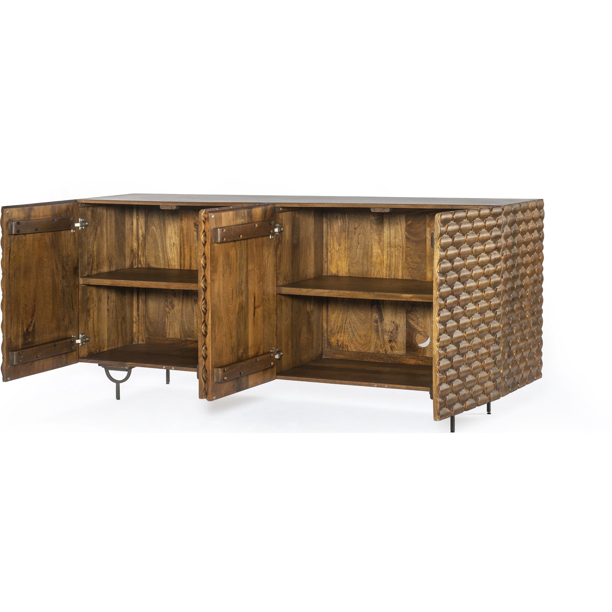 Rio Sideboard by Four Hands in round cut white wash, antique brass, white wash mango. Made from solid mango, iron in a eclectic & global style.