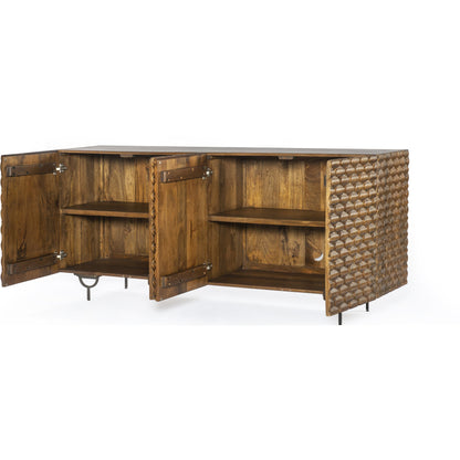 Rio Sideboard by Four Hands in round cut white wash, antique brass, white wash mango. Made from solid mango, iron in a eclectic & global style.
